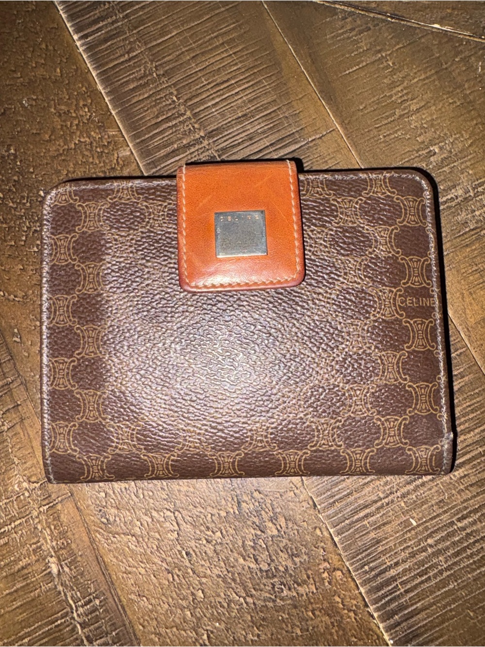 Celine Brown Monogram Canvas Wallet with Orange Snap